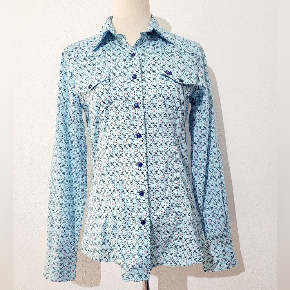 Cinch Western Shirt Women's Size Small Blue Geometric Pearl Snap 100% Cotton - Picture 2 of 14